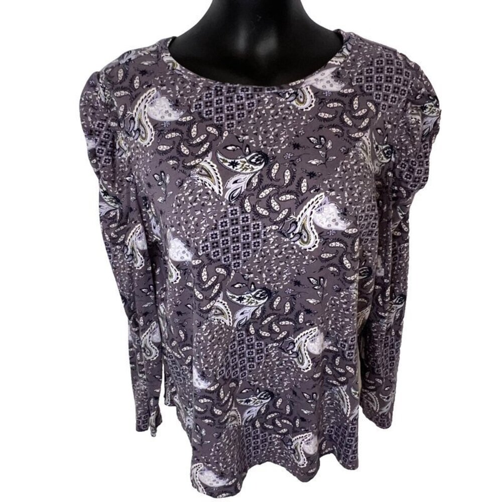 LOFT Outlet Women's XL Blouse Lavender Paisley Cottage Print Boat Neck Puff Slv